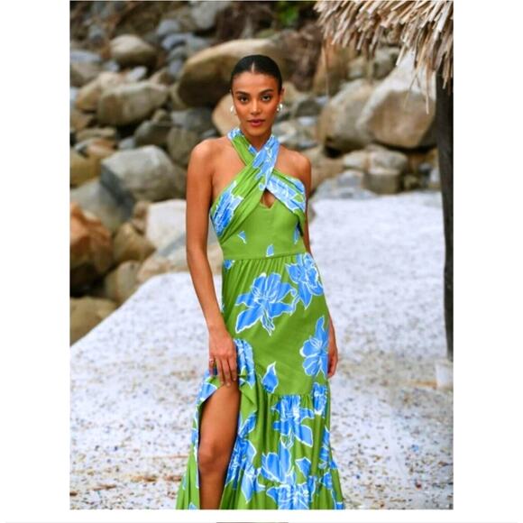 Hutch Joslin Green Blue Floral Halter Maxi Dress Size 4 - Picture 1 of 12